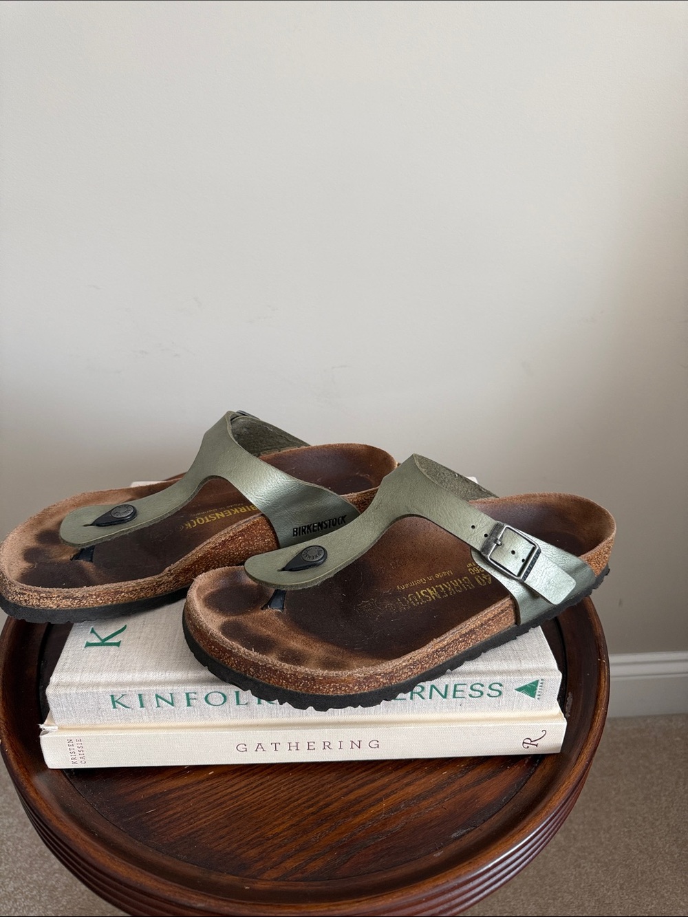 Birkenstock Olive Metallic Thong Sandals with Buckle